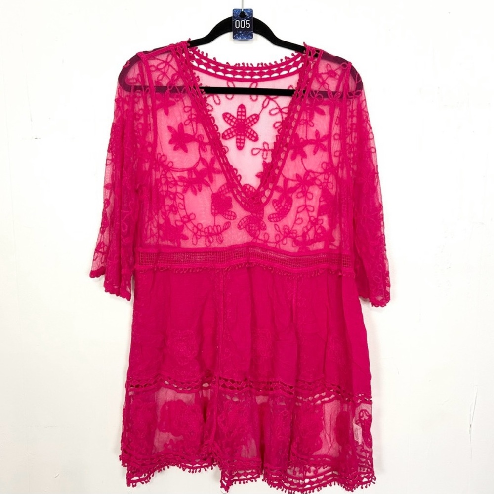 Vibrant Pink Sheer Embroidered Tunic XL Floral Lace